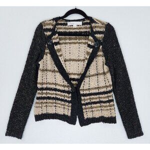 Curio Sweater Womens Medium Black Tan Striped Button Front V Neck Knit Cardigan